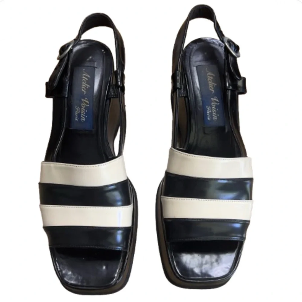 Atelier Voisin Paris Platform Sandals Black Shoes Leather Stripes Ankle Buckle 9